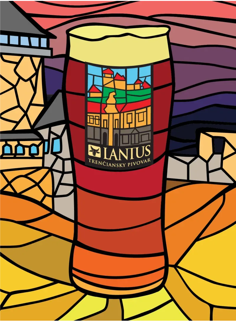 Vitrážová etiketa piva Amber Ale 11° s panorámou mesta
